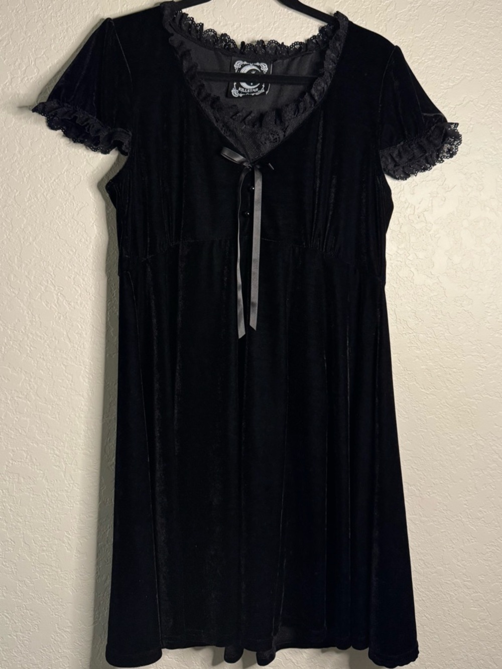 Black Velvet Midi Dress with Lace Trim